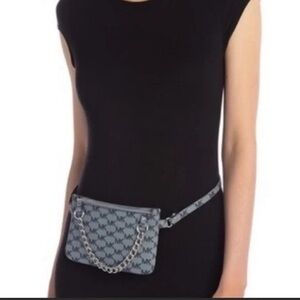 Michael Kors Signature Logo Pull Chain Silver Belt Bag Zippered Clutch Gray